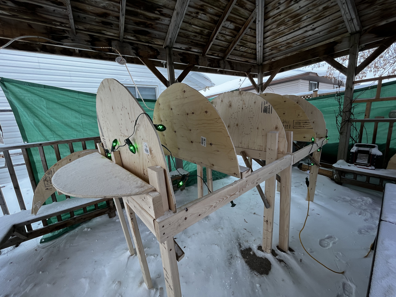 Une structure de bois, avec 4 demi cercle qui semblent former le dos d'un ours