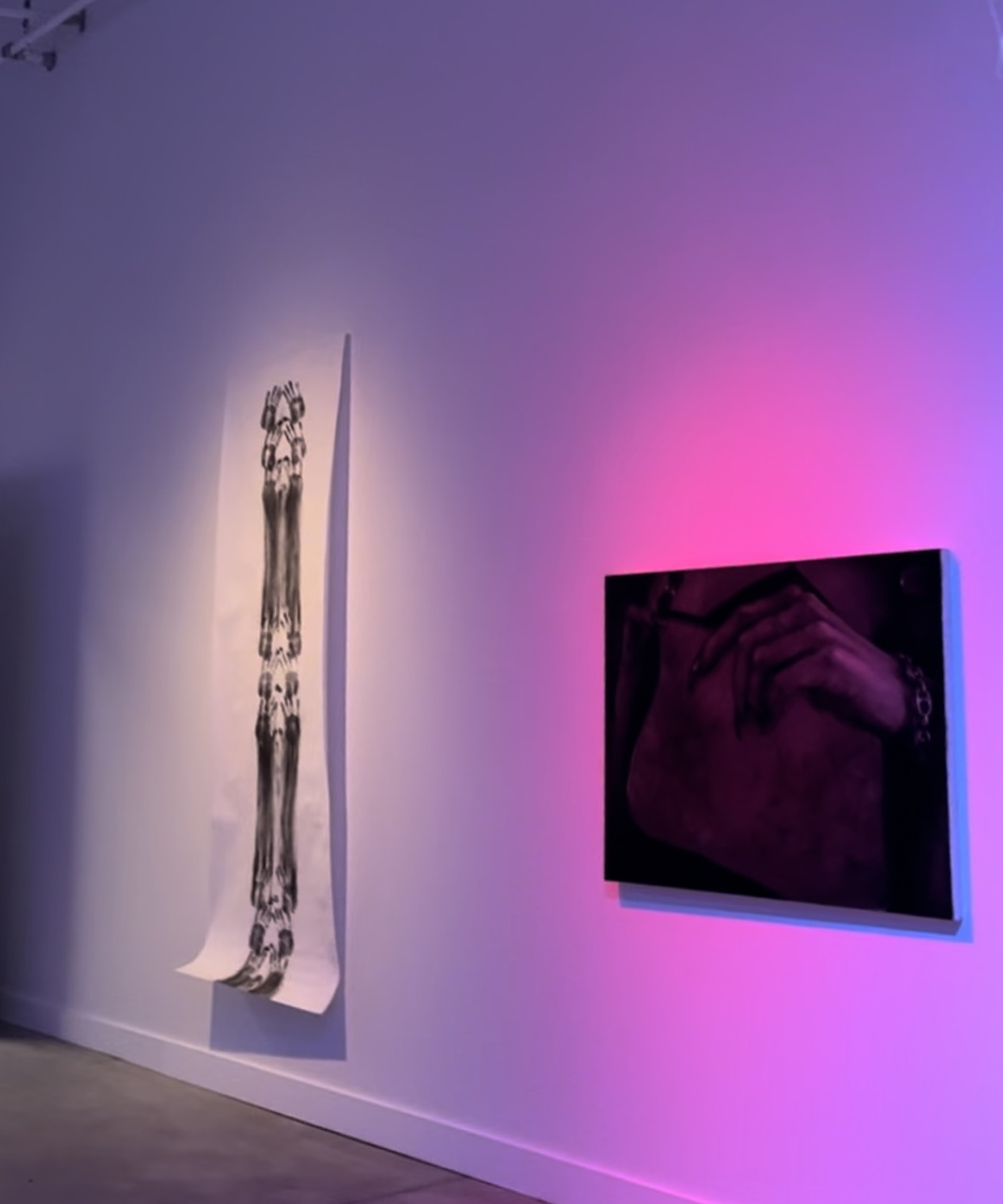 Dans une galerie, deux toiles. L'un légère, avec une illustration en noir et une avec une projection de mauve